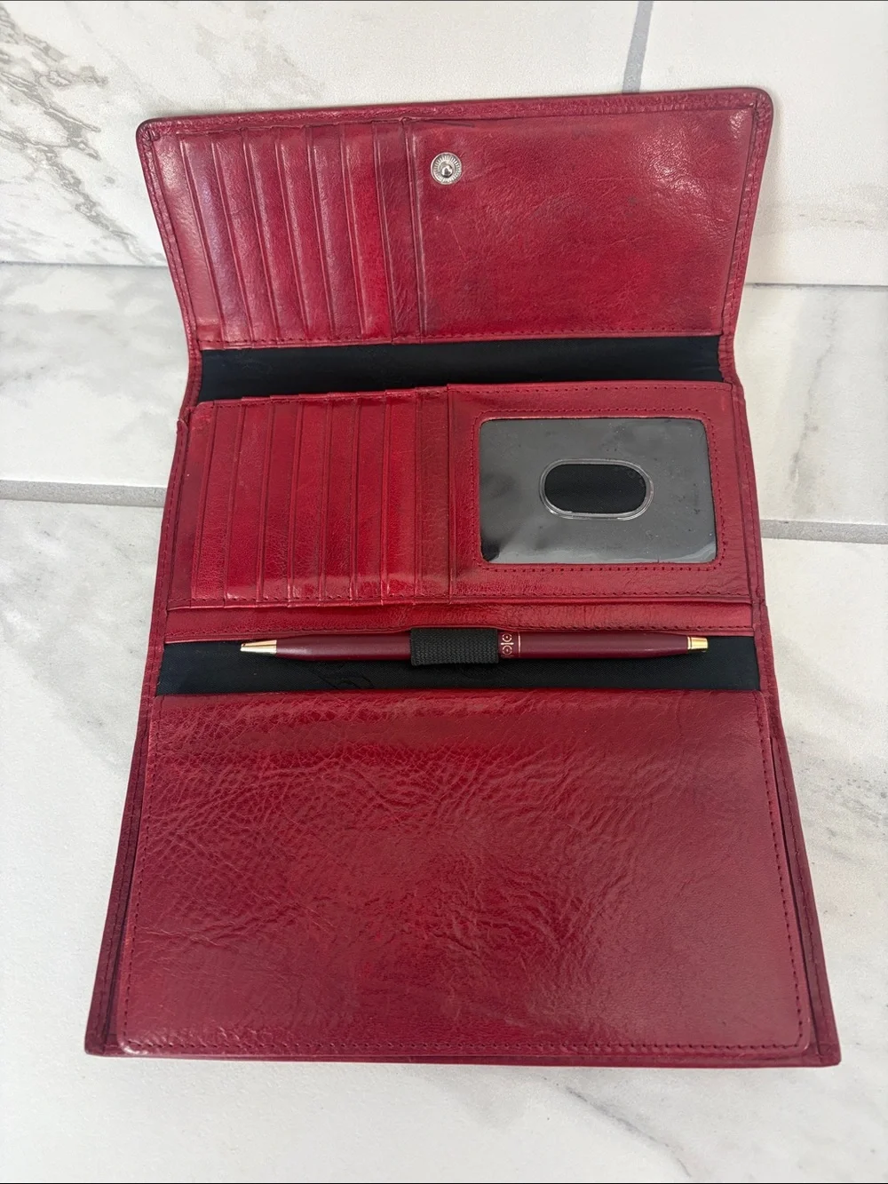 Fossil Deep Red Leather Tri-Fold Wallet with Checkbook Cover and Pen